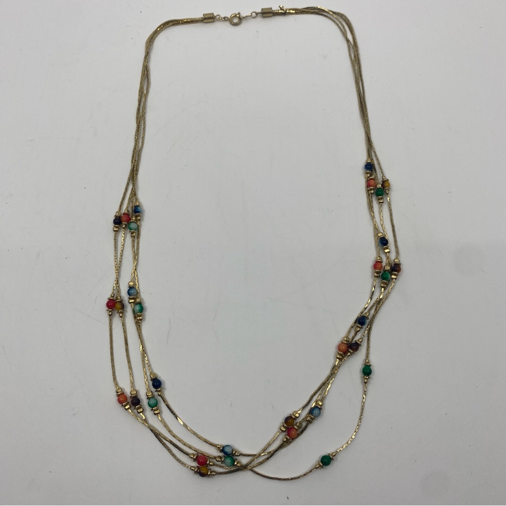 Vintage Gold Chain Multi Strand Multi Colored Marbled Glass Beads Necklace Korea 28$